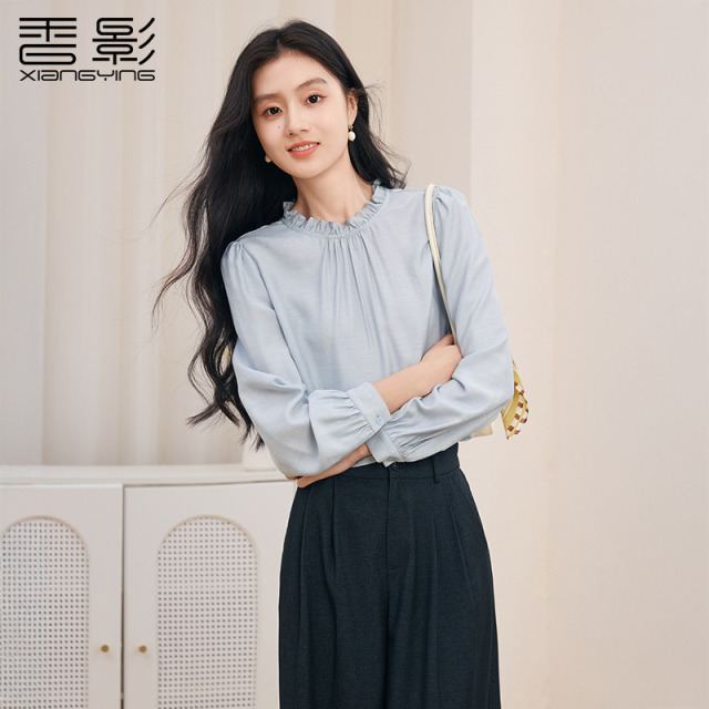12504598.香影法式木耳边衬衫女新款长袖职场衬衣雾霾蓝上衣