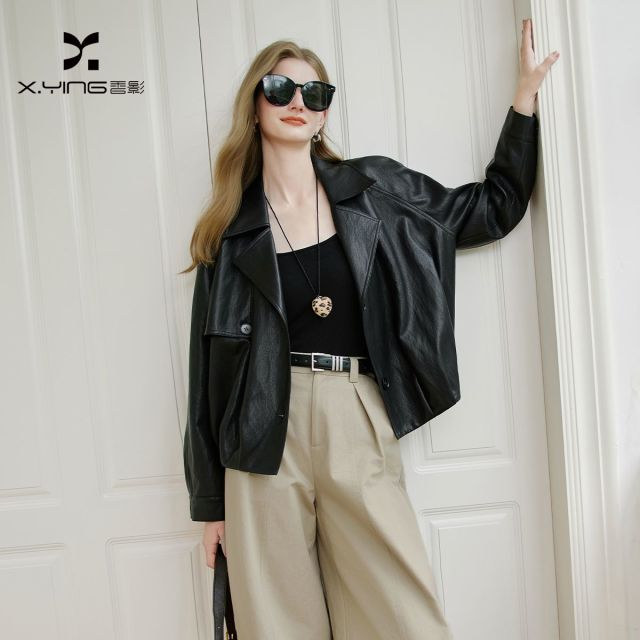 13734638.香影黑色短款皮衣外套女2026秋季新款宽松翻领pu皮酷飒风夹克上衣