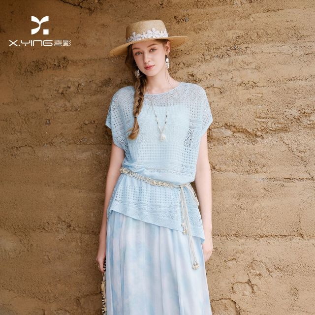 13735757.香影蓝色轻薄针织衫上衣女2026夏秋季新款肌理感镂空短袖宽松小衫