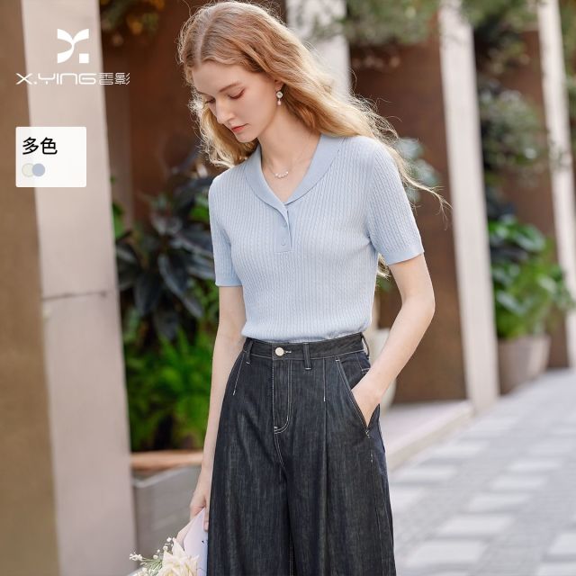 13735428.香影polo领针织衫女含亚麻2026秋季新款法式通勤正肩短袖上衣