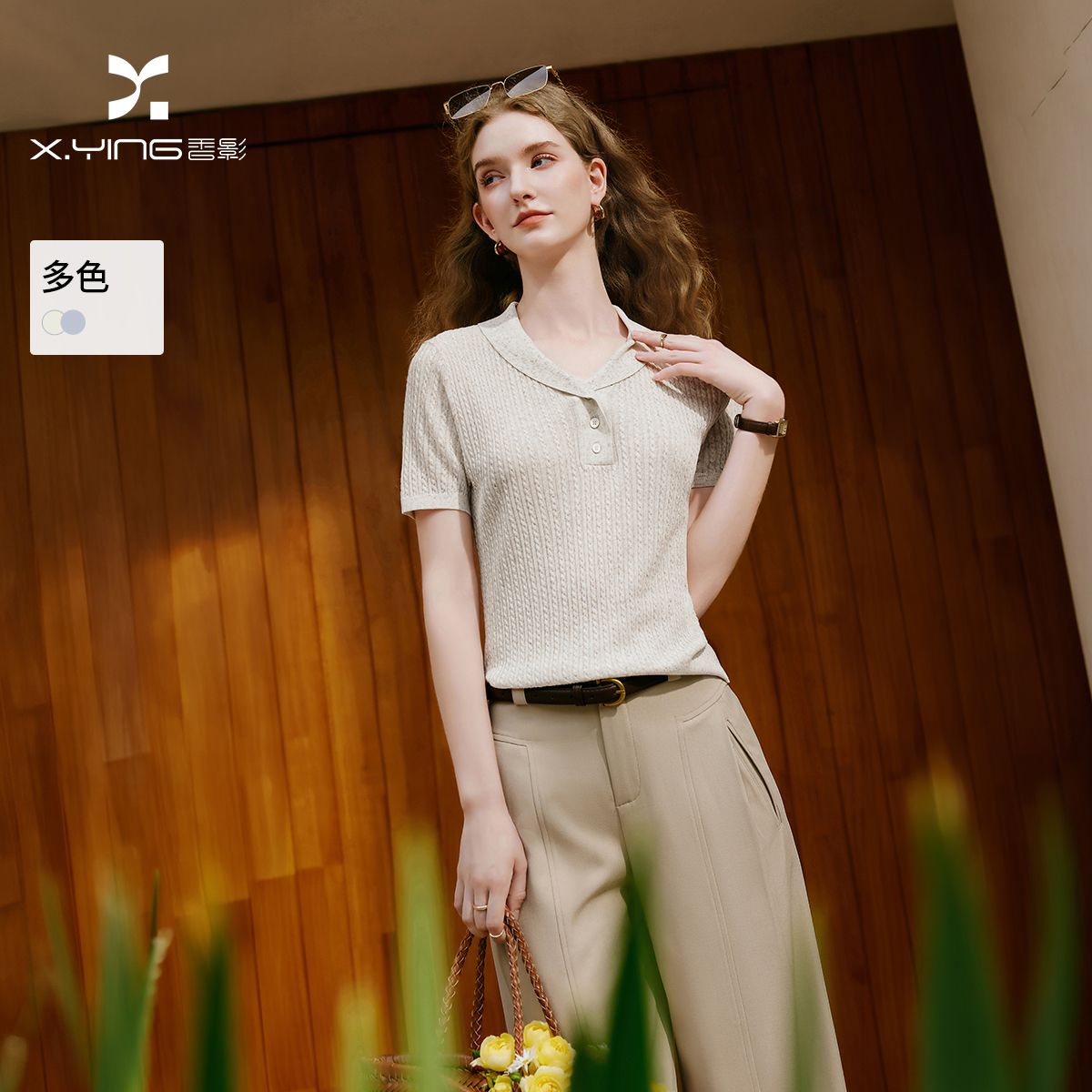 13735428.香影polo领针织衫女含亚麻2026秋季新款法式通勤正肩短袖上衣
