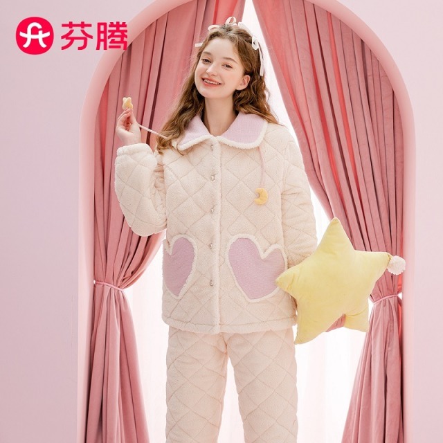 10084148.芬腾【舒克绒夹棉甜美少女】秋冬翻领爱心卡通防静电家居服套装女睡衣