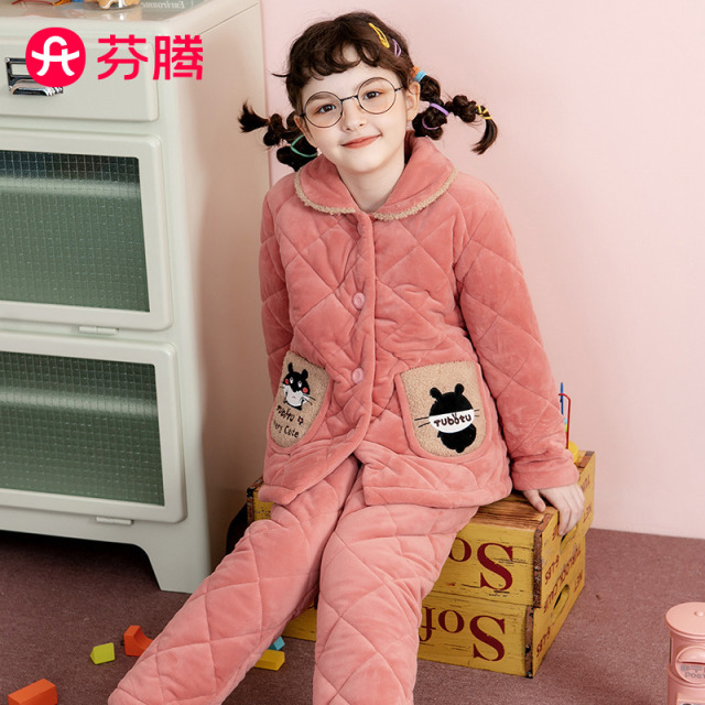 10103380.芬腾【保暖贝贝绒夹棉】冬季柔顺加厚三层夹棉女童家居服女童睡衣