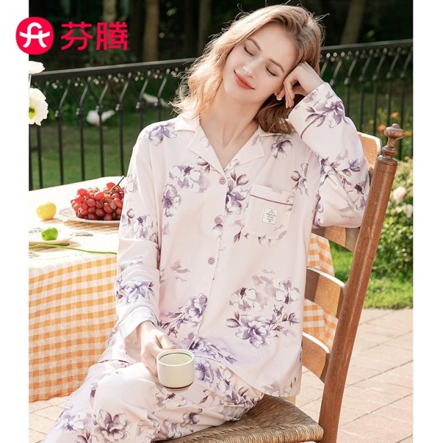 13813325.【早秋特批 一口价79元售完无补】芬腾开衫情侣全棉浪漫花卉 春秋国民翻领可外穿长袖家居服 女士纯棉睡衣套装-拼款