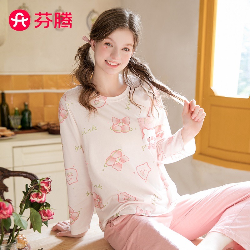 10172163.芬腾【纯棉卡通少女】春秋圆领套头长袖粉色系家居服女士睡衣套装女