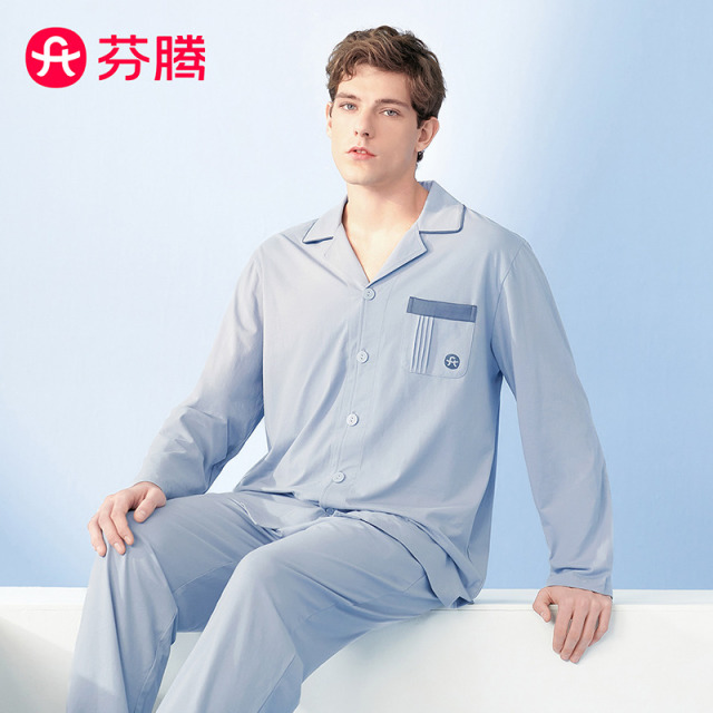 11736152.芬腾【纯棉5A yi菌】夏季翻领情侣开衫宽松外穿长袖家居服睡衣套装男