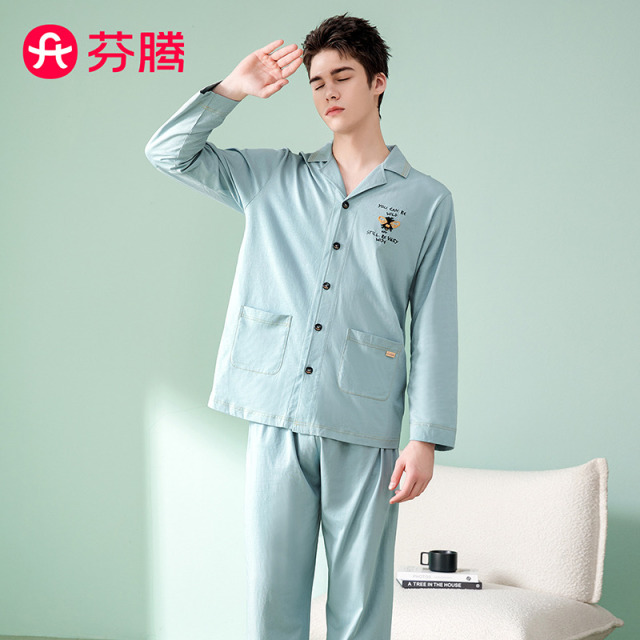 10221085.芬腾【100棉简约情侣】春季气质翻领刺绣长袖纯棉家居服套装男女睡衣-情侣拼款