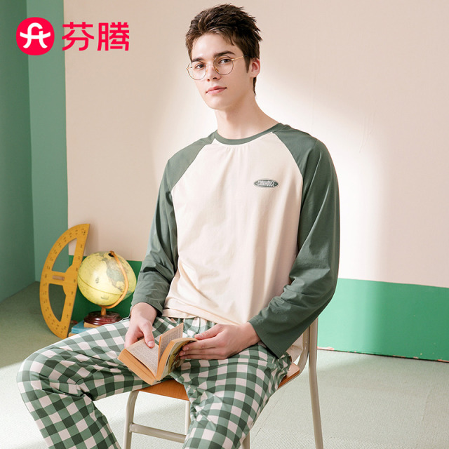 13022095.芬腾【全棉卡通面包】春季圆领时尚休闲情侣长袖家居服男睡衣套装