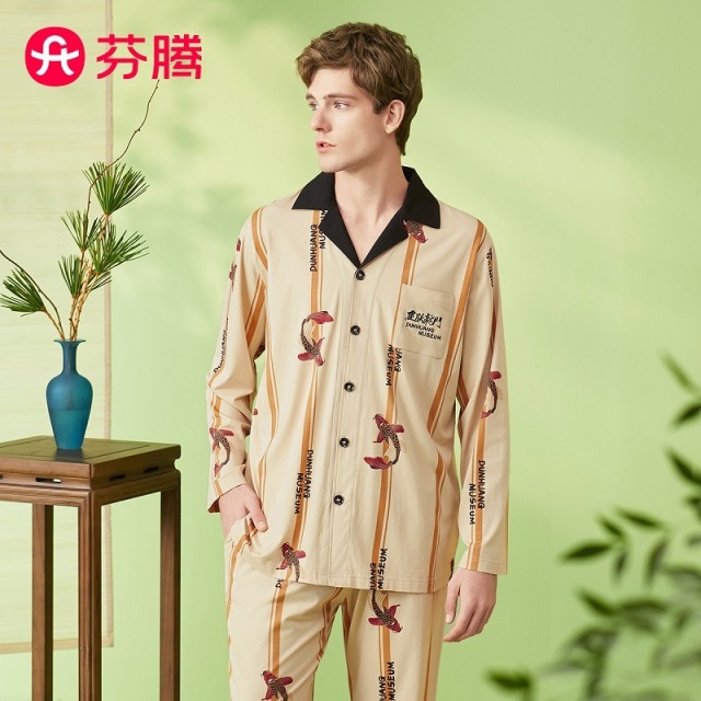 10235893.芬腾【正版敦煌联名】春季撞色翻领锦鲤100棉长袖家居服套装男睡衣