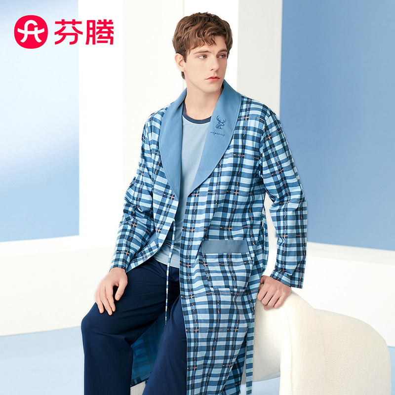10235773.芬腾【100%纯棉】春秋季v领动物时尚格纹长袖开胸睡袍男士