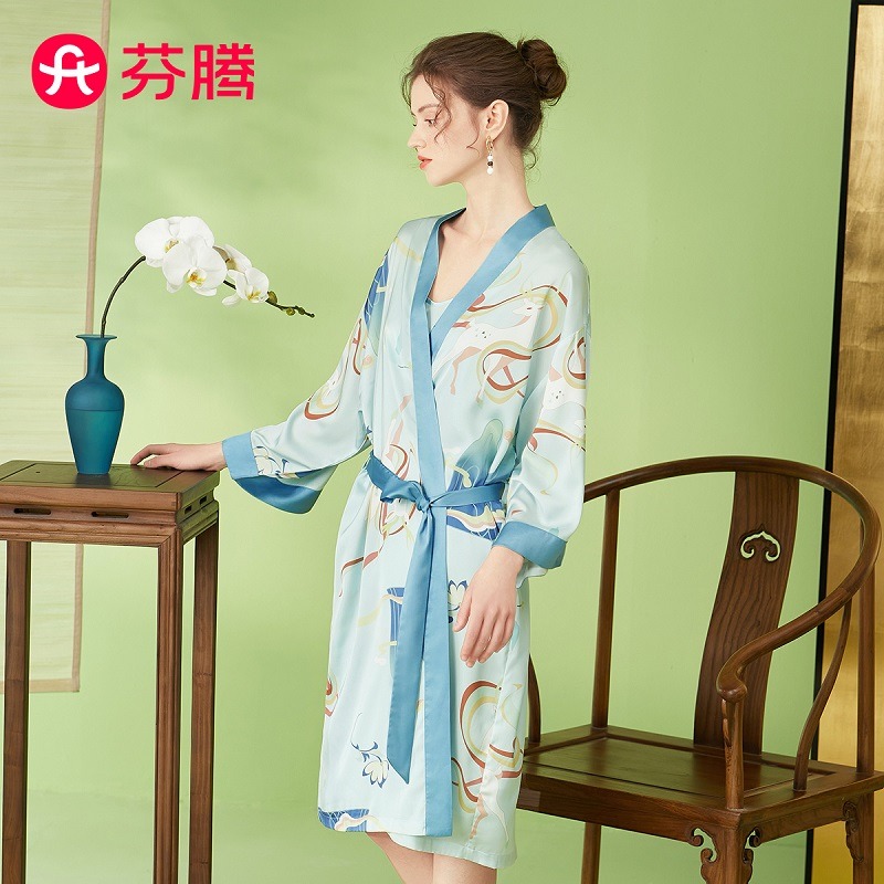 10272618.芬腾【轻奢风敦煌IP冰丝】春季性感低领新中式国风短袖八分袖睡裙裙子