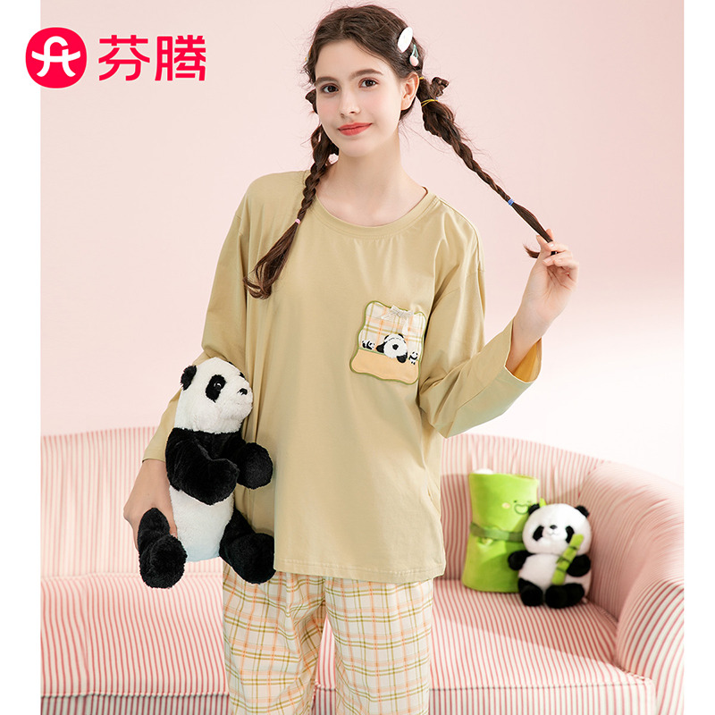10271963.芬腾【格纹纯棉】春秋圆领套头长袖外穿蝶结时尚家居服女士睡衣套装女
