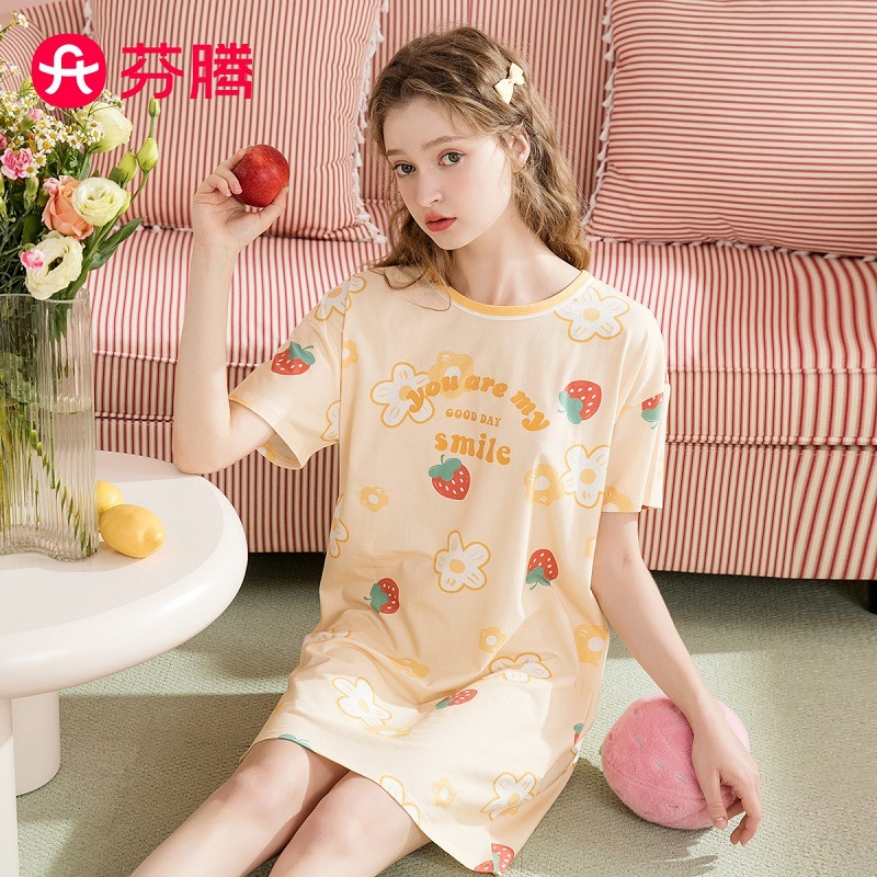 13187411.芬腾品牌专供【100%棉短袖裙】夏季圆领套头少女花卉短袖萌趣家居服睡裙女
