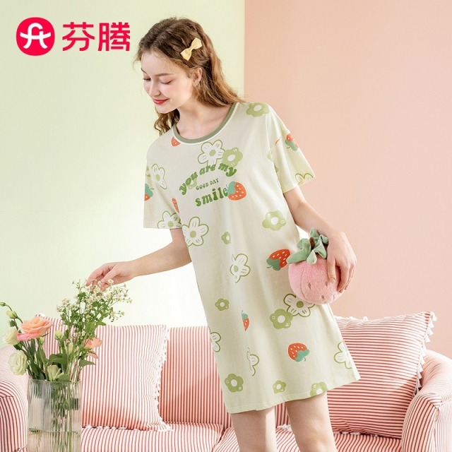 13187411.芬腾品牌专供【100%棉短袖裙】夏季圆领套头少女花卉短袖萌趣家居服睡裙女