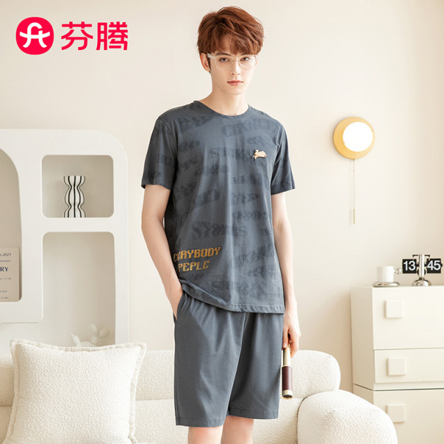 10359726.芬腾【纯棉绅士范】夏季圆领套头可外穿短袖英文家居服男士睡衣套装男
