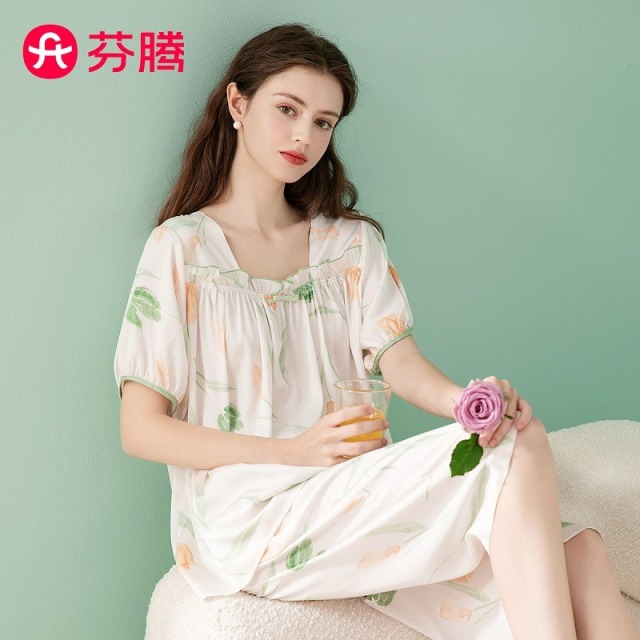10375421.芬腾【轻奢风田园风冰丝凉感】夏季方领短袖花卉套头时尚家居服睡衣女士套装女