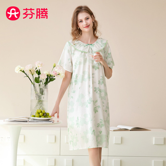 13409699.【特批清仓 售完无补】芬腾【透气棉柔】夏季娃娃领短袖套头花卉蝶结时尚田园风家居服睡裙女