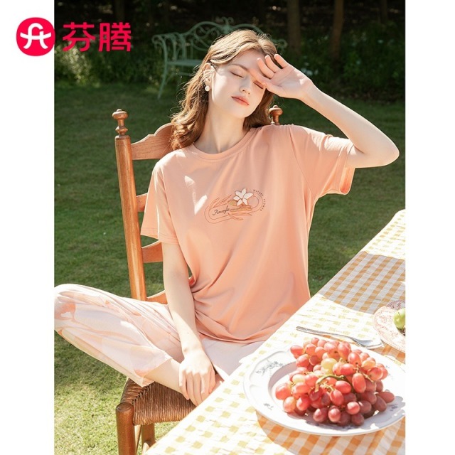 10389327.芬腾【100%棉花卉】夏季圆领短袖套头清爽家居服睡衣女士套装女