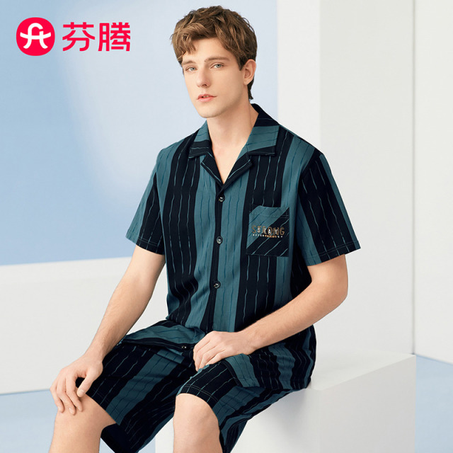 10397297.【清仓福利 售完无补】芬腾【时尚条纹100棉】夏季翻领休闲短袖五分裤家居服男睡衣套装