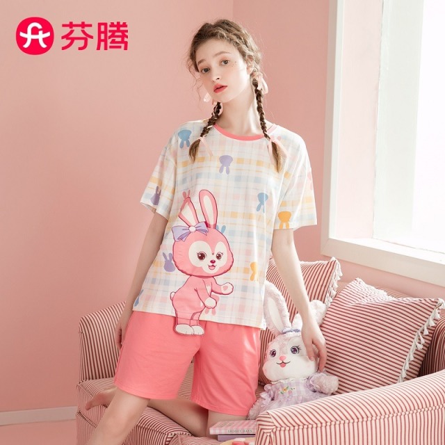 10441082.芬腾【粉黛兔IP】夏季薄款套头圆领甜美可外穿短袖家居服套装女睡衣