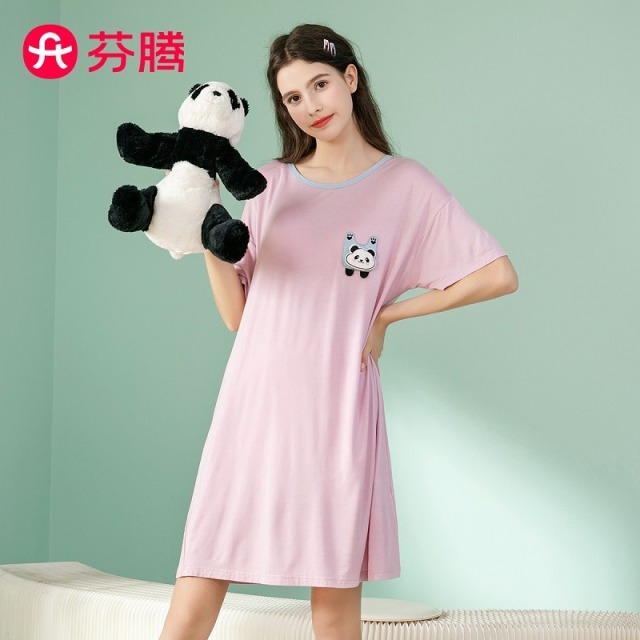 10441311.【清仓福利 售完无补】芬腾【凉感优可丝】夏季圆领短袖纯色立体卡通薄款短裙家居服女睡裙