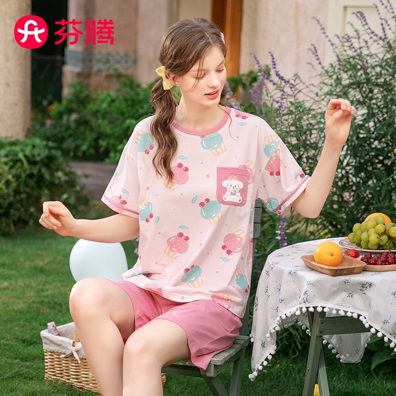 10452766.芬腾【舒适纯棉】夏季薄款圆领卡通印花轻甜外穿短袖家居服套装女睡衣