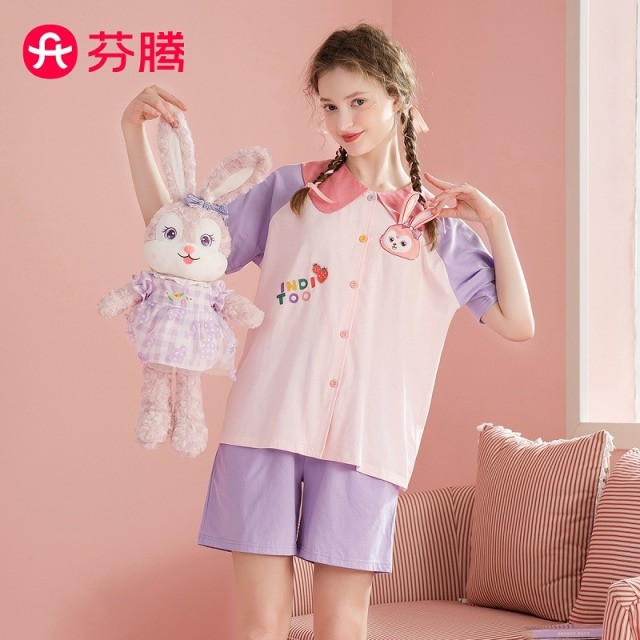 13308212.芬腾【粉黛兔IP纯棉】夏季娃娃领短袖开衫萌趣家居服睡衣女士套装女