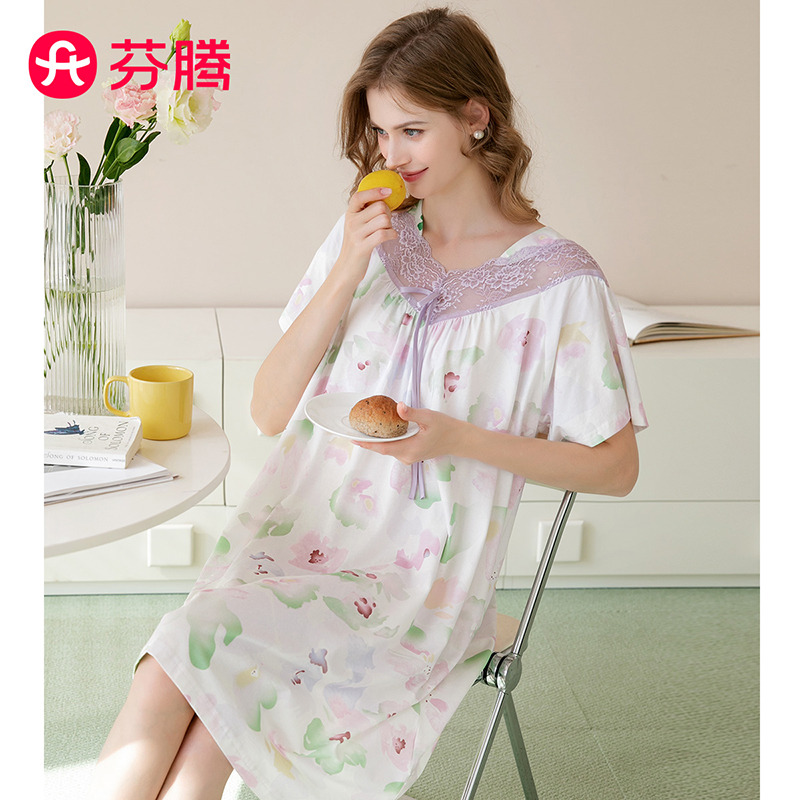 10509190.芬腾【纯棉连身裙】夏季套头方领镂空蕾丝花卉短袖中长裙家居服女睡裙