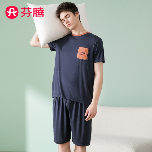 10514555.【清仓福利 售完无补】芬腾【凉感套装】夏季优可丝圆领短袖五分裤可外穿男士家居服薄款睡衣