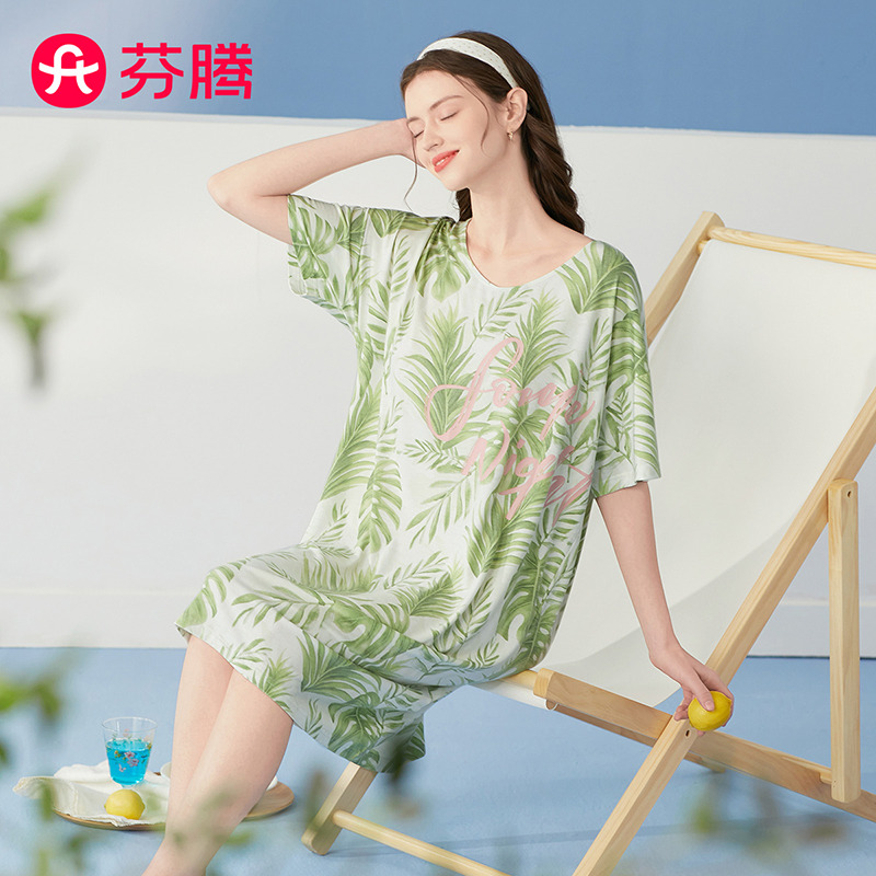 10520600.芬腾【冰瓷棉田园风】夏季圆领短袖套头可外穿英文清爽家居服睡裙女