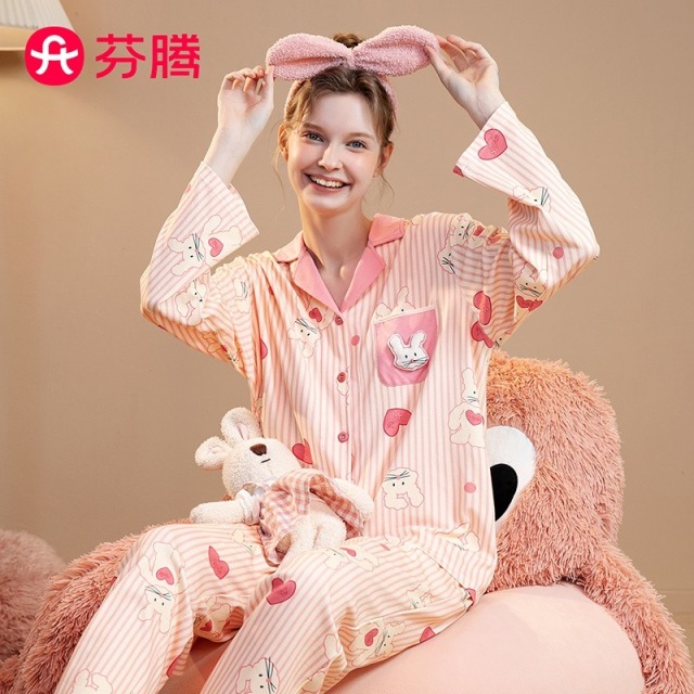 10987393.芬腾【纯棉卡通印花】秋季翻领甜美长袖可外穿家居服女睡衣女士套装