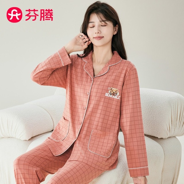 11002880.芬腾【精梳棉可外穿】秋季时尚格纹翻领开衫家居服女睡衣女士长袖套装
