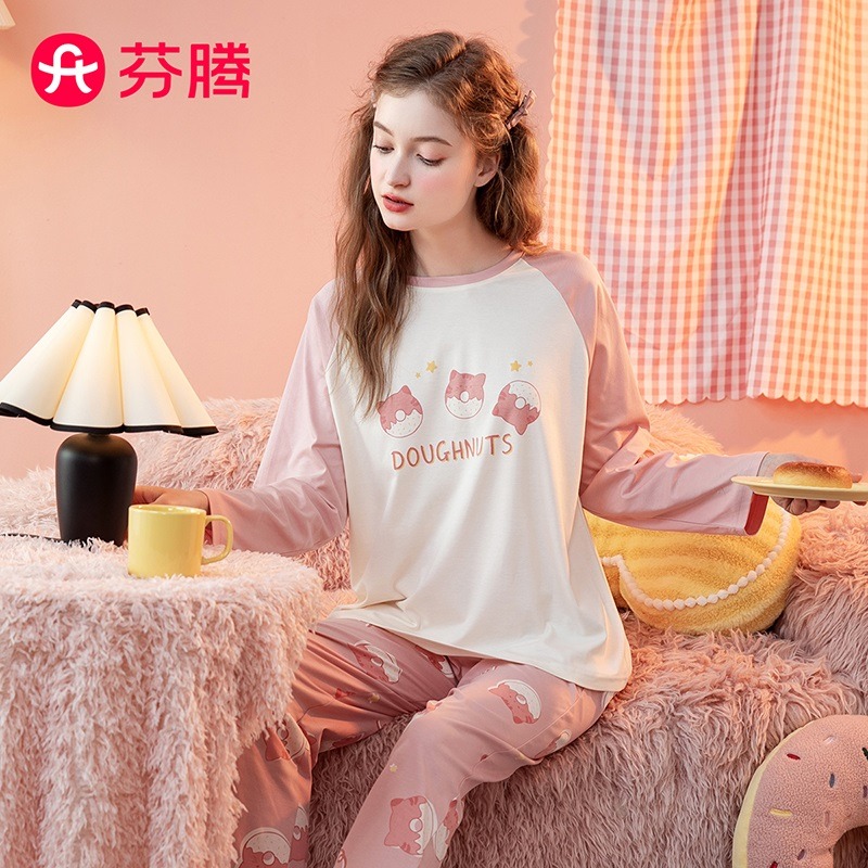11002222.芬腾【100%棉】秋季长袖圆领插肩袖卡通印花女士家居服套装睡衣女