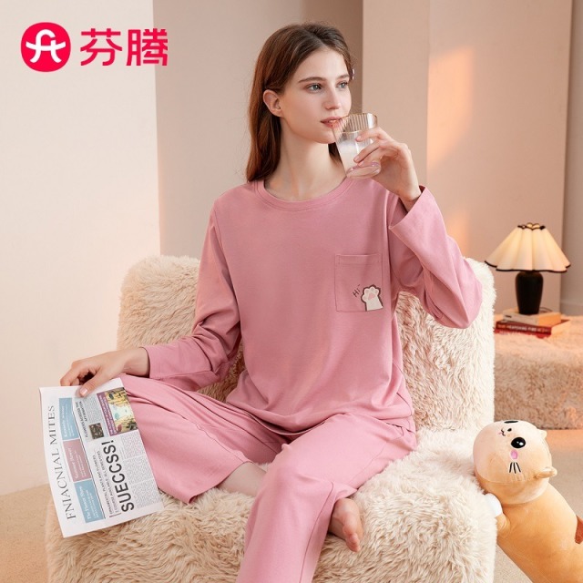 11009349.芬腾【100%棉】秋季圆领长袖休闲卫衣家居服女士睡衣女士套装