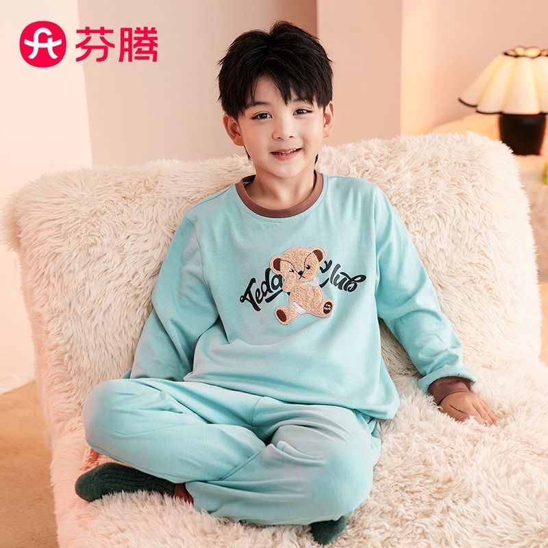 11074270.芬腾【泰迪熊正品】早秋纯棉圆领套头卡通小熊儿童家居服男童睡衣套装