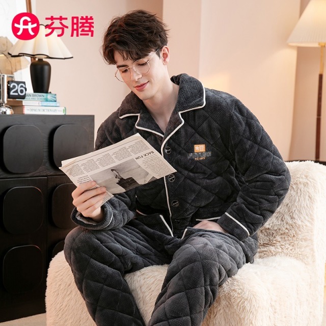 11079541.芬腾【加绒夹棉】秋冬包边翻领英文刺绣绅士保暖长袖家居服套装男睡衣