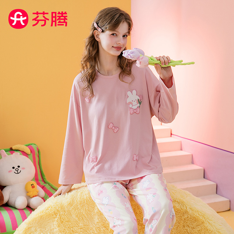 11094277.芬腾【正版可妮兔】秋季圆领纯棉长袖可外穿萌妹睡衣女士家居服套装女