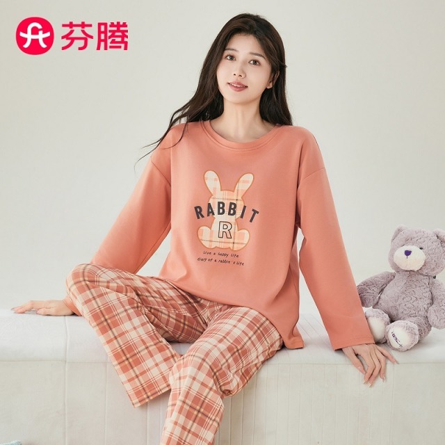 11078894.芬腾【纯棉免穿文胸】秋季加固圆领格纹小兔外穿长袖家居服套装女睡衣