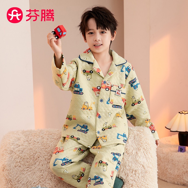 11153197.芬腾【儿童薄夹棉】秋冬翻领棉感开衫长袖工程车家居服睡衣男童套装