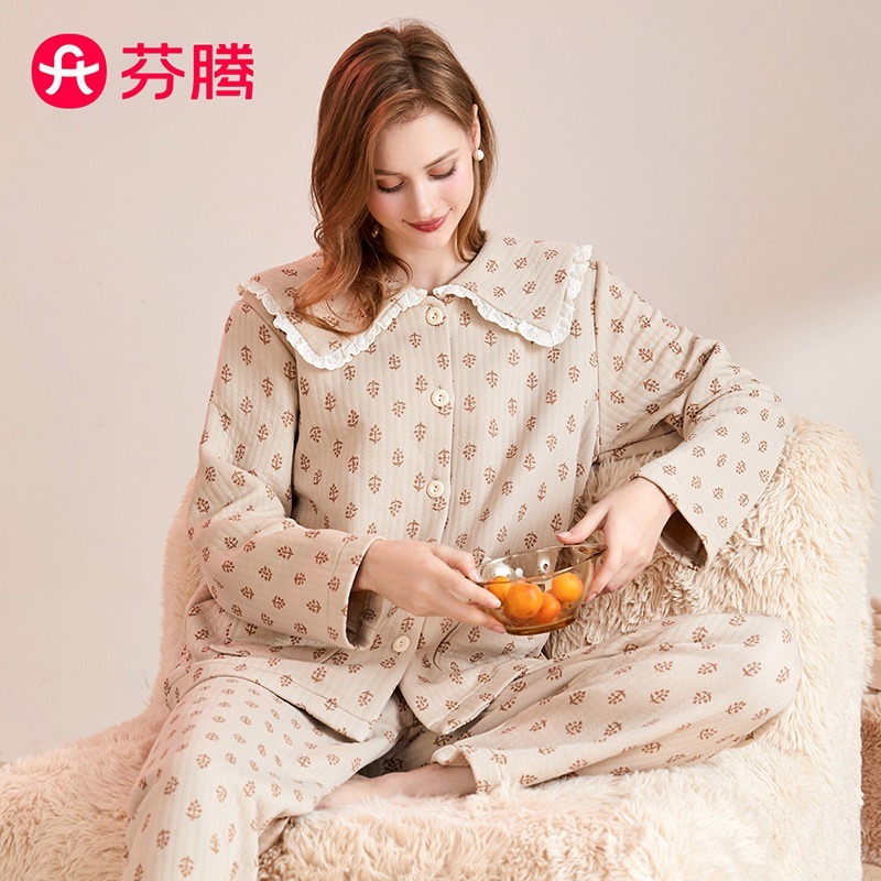 11177991.芬腾【薄夹棉】秋季花边翻领开衫长袖花卉厚款家居服女士睡衣女套装