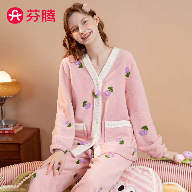 11186863.芬腾【加厚双面绒】秋冬暖绒V领花卉温暖长袖家居服女士套装女睡衣