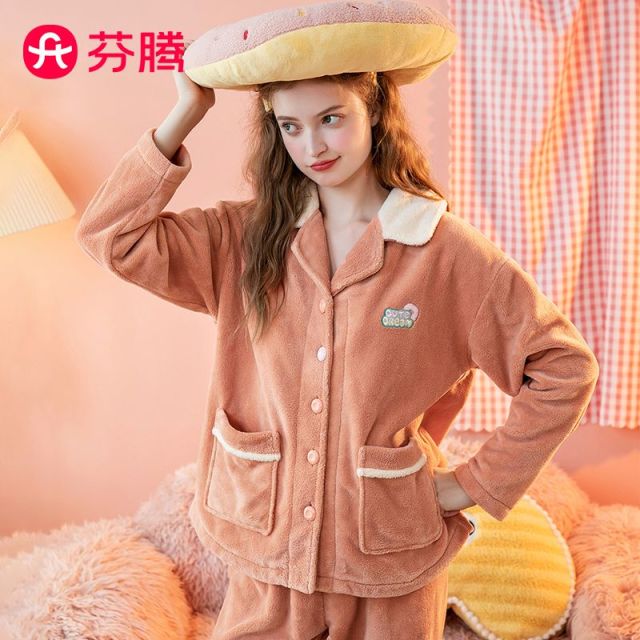 11187073.芬腾【防静电暖绒】女士睡衣2024秋新款翻领英文加绒加厚家居服女