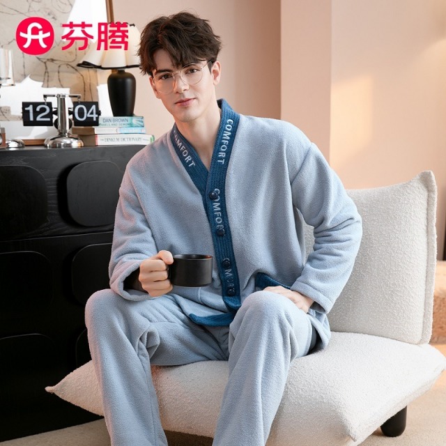 11187238.芬腾【双面仿羊羔绒】秋冬镶边V领时尚简约保暖女士家居服套装男睡衣