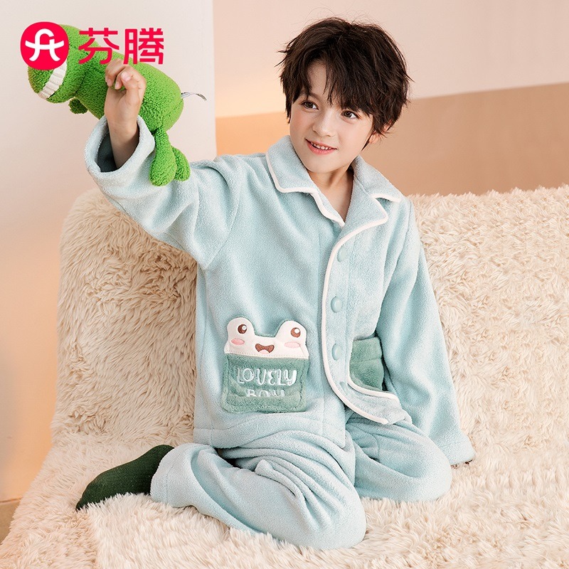 11213278.芬腾【双面暖绒套装】秋冬保暖翻领可爱卡通长袖家居服套装男童睡衣