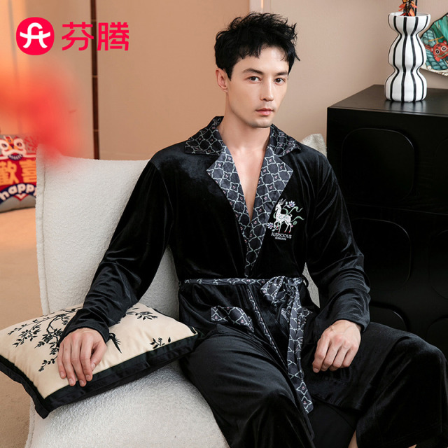 11218935.芬腾【敦煌联名IP】秋暖绒轻奢新中式开衫长袖浴袍男睡衣男士家居服