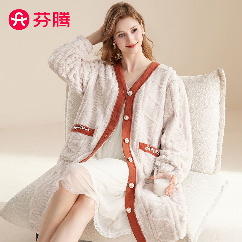 11228533.芬腾【小香风双面绒】秋冬v领加绒加厚长袖开衫女士家居服女睡裙睡袍