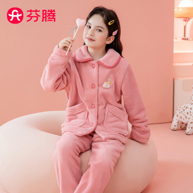 11304872.芬腾【防静电】儿童女童睡衣秋冬季加厚加绒娃娃领长袖长裤套装家居服