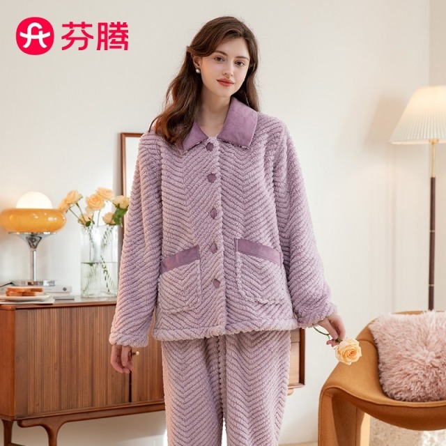 11305490.芬腾【双面暖绒】秋冬翻领纯色开衫长袖提花加厚女士睡衣家居服套装