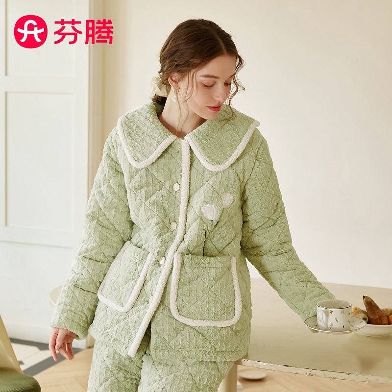 13112646.芬腾【小香风夹棉】加厚少女冬季娃娃领保暖防静电家居服套装女士长袖