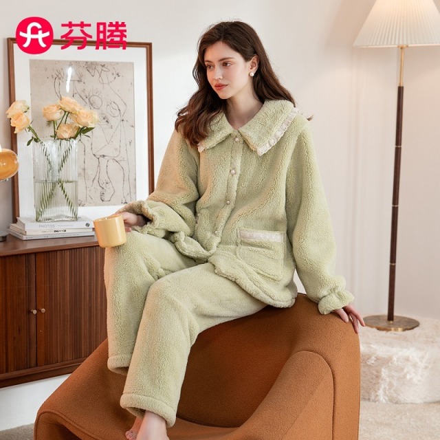 11308364.芬腾【小香风暖绒】秋冬翻领开衫长袖双面加厚家居服女士睡衣女套装